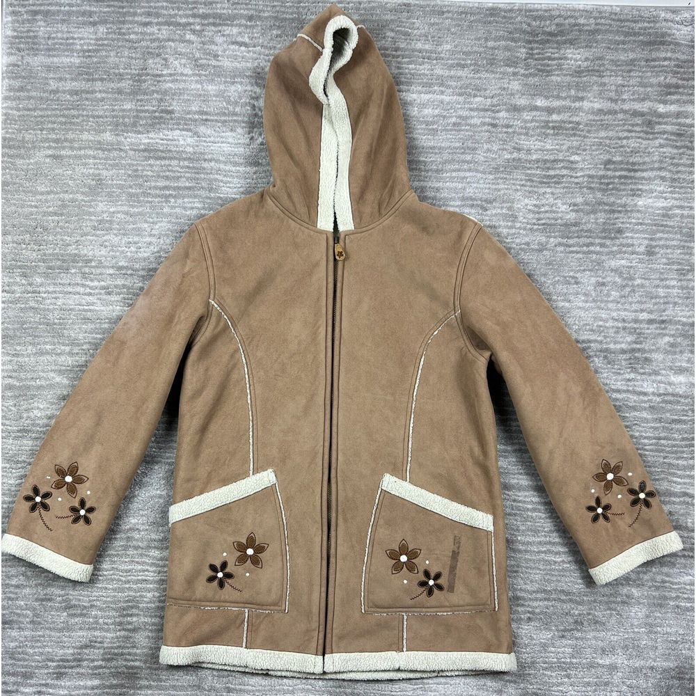 Cabelas Jacket Womens Small Brown Hooded Floral Coat Faux Suede Sherpa Full Zip